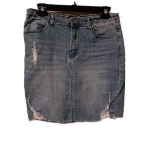 Wax Jean Denim Pencil Skirt with Distressed Details